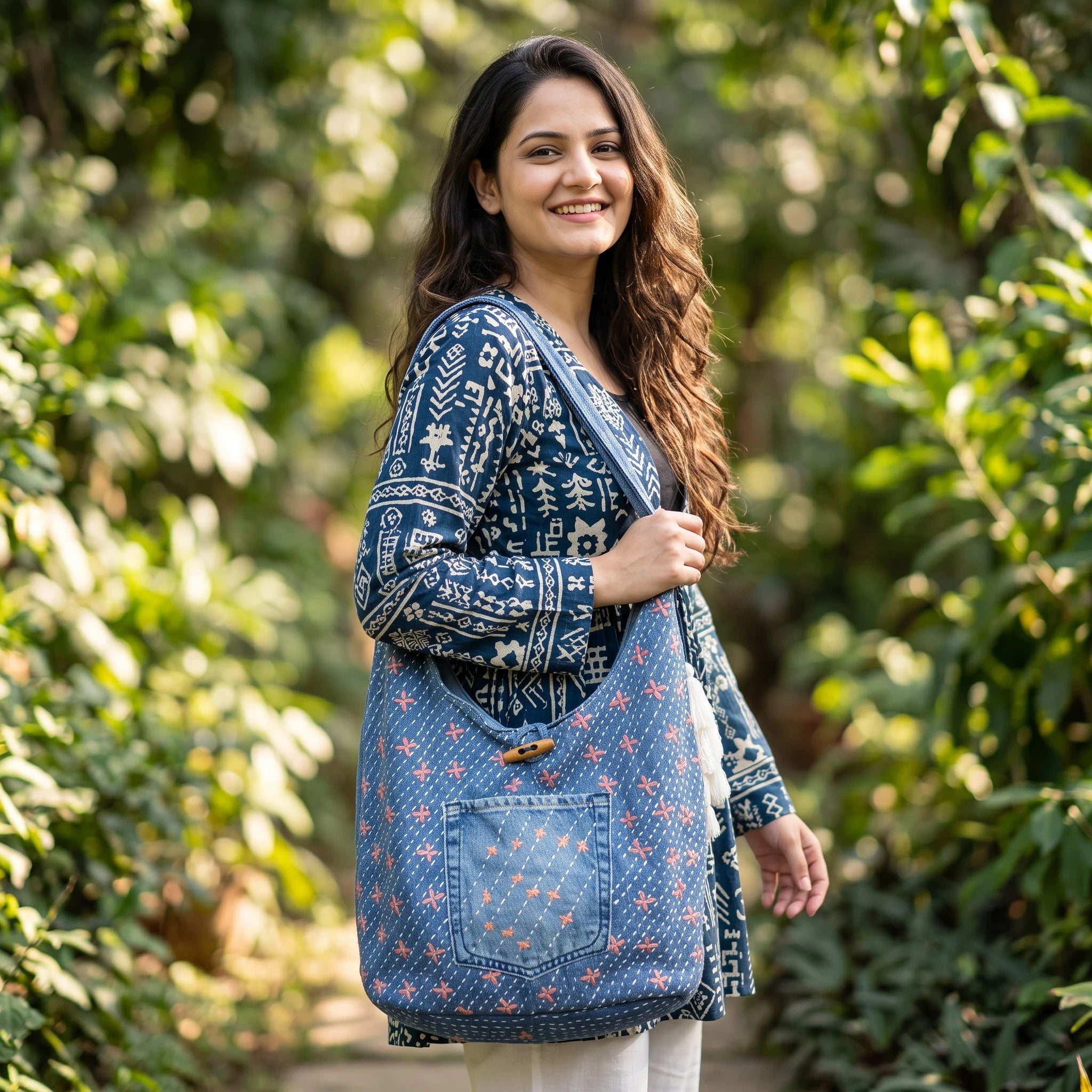 Bidora denim hobo shoulder bag with pink and white floral embroidery, wooden toggle, and exterior pocket on a woman.
