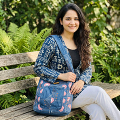 Bidora denim hobo bag with floral embroidery and kantha stitching, worn by a woman on a wooden park bench.