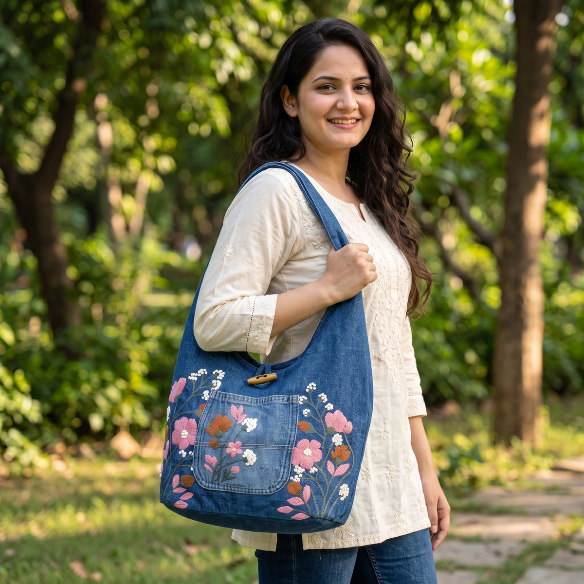 Bidora denim hobo shoulder bag with floral embroidery and wooden toggle closure worn by a woman in a park
