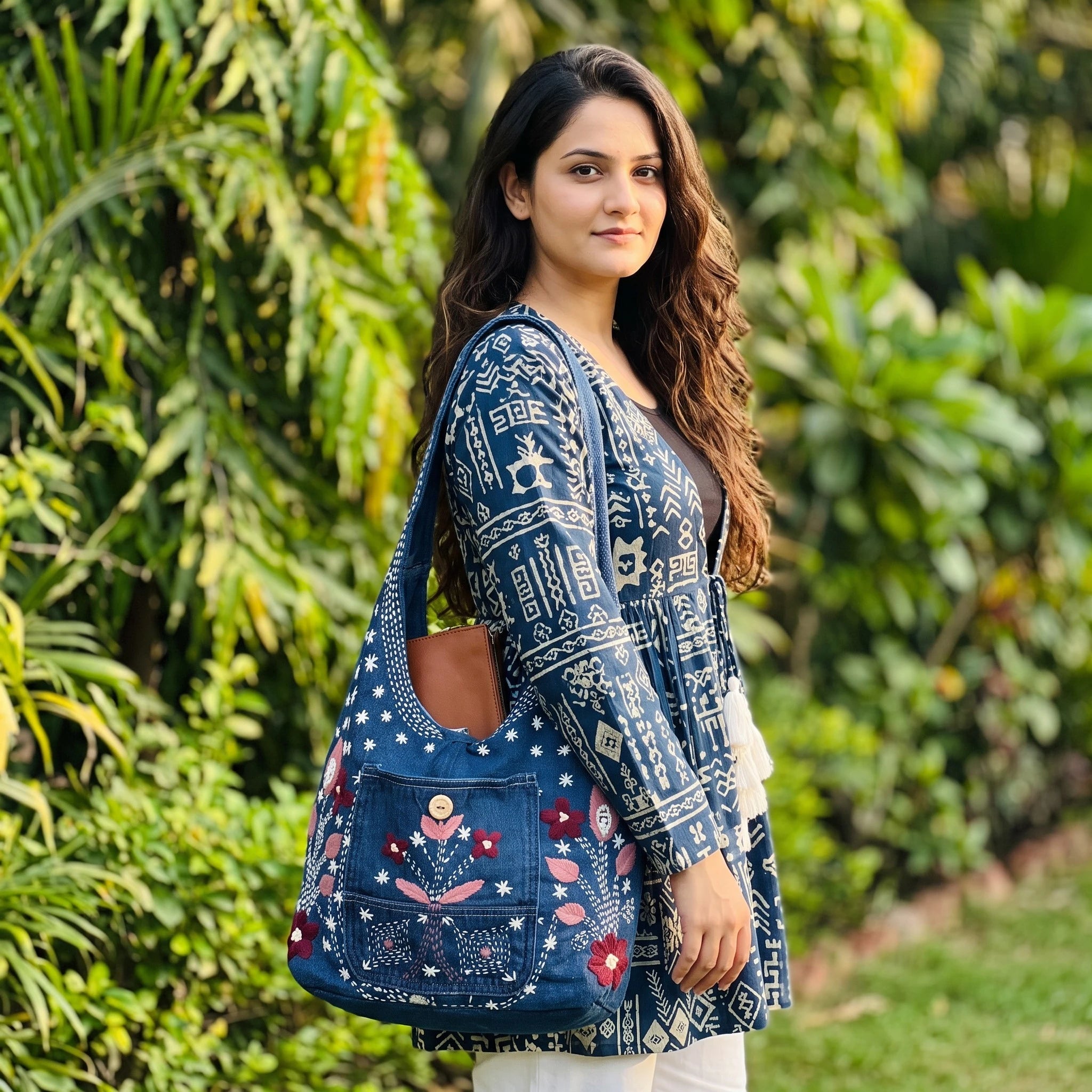 Bidora blue denim hobo bag with floral embroidery and wooden toggle, worn by a woman in a garden setting.