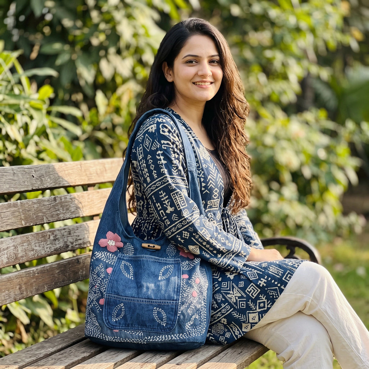 Bidora denim hobo bag with floral embroidery, wooden toggle, and front pocket, worn by a woman on a park bench.