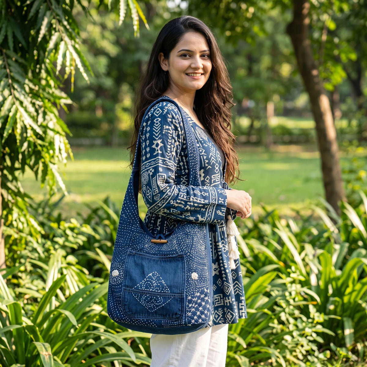 Bidora indigo denim hobo bag with white hand-stitched embroidery and wooden toggle closure worn by a woman outdoors