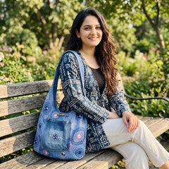 Bidora embroidered denim hobo bag with patchwork design and wooden toggle, worn by a woman on a park bench.