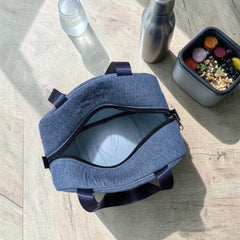 Bidora insulated lunch tote bag in blue denim-look fabric with a thermal interior and sturdy nylon handles.