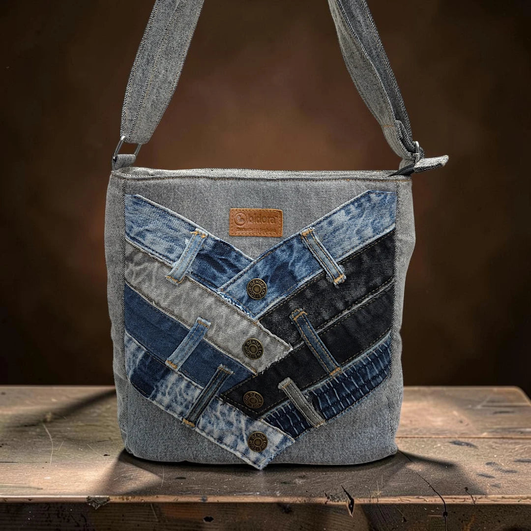 Bidora patchwork denim crossbody bag featuring geometric blue and charcoal reclaimed fabric with metal button accents.