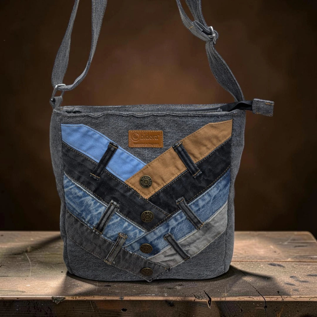 Bidora patchwork denim crossbody bag with chevron pattern, metal buttons, and adjustable shoulder strap.