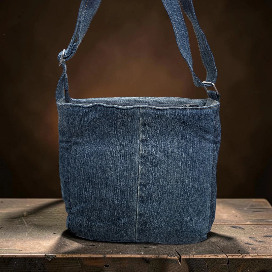 Bidora upcycled blue denim crossbody bag with an adjustable shoulder strap resting on a rustic wooden surface.