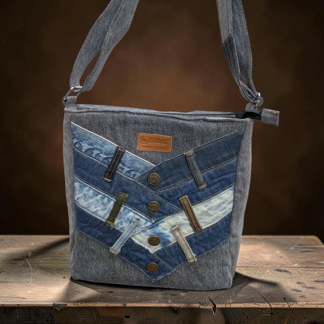 Bidora upcycled denim patchwork crossbody bag with chevron pattern, button details, and adjustable shoulder strap.