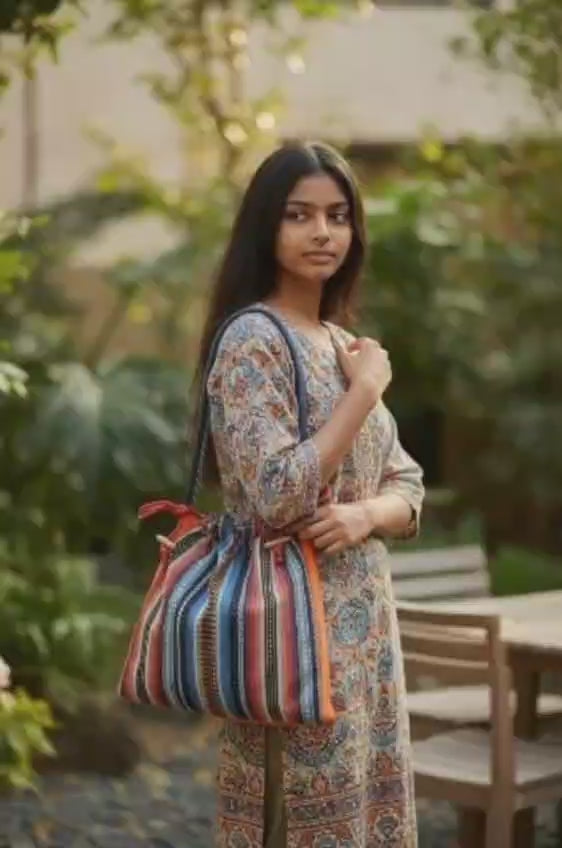 Mimi- Boho stripe Drawstring Zippered Tote