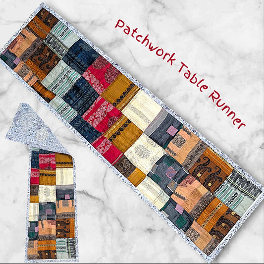 Handmade Patchwork Silk Table Runner – Denim/Imported Fabric Backside & Borderline Finish